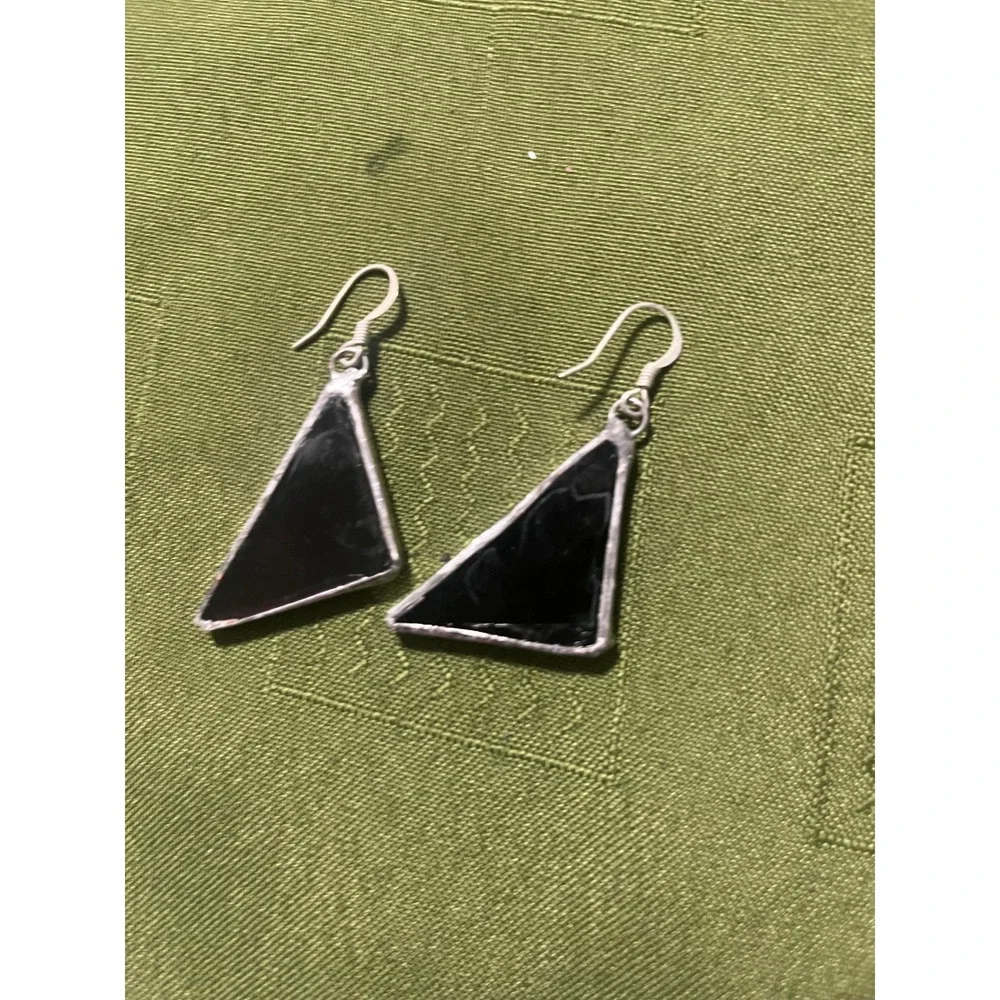 Handmade Black Stained Glass Triangle Drop Earrings Geometric Minimalist Art